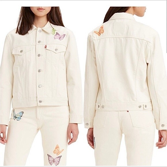 Levis Levi Strauss Denim Jean Jacket Ex-boyfriend Trucker Off White Butterfly S - Picture 2 of 11